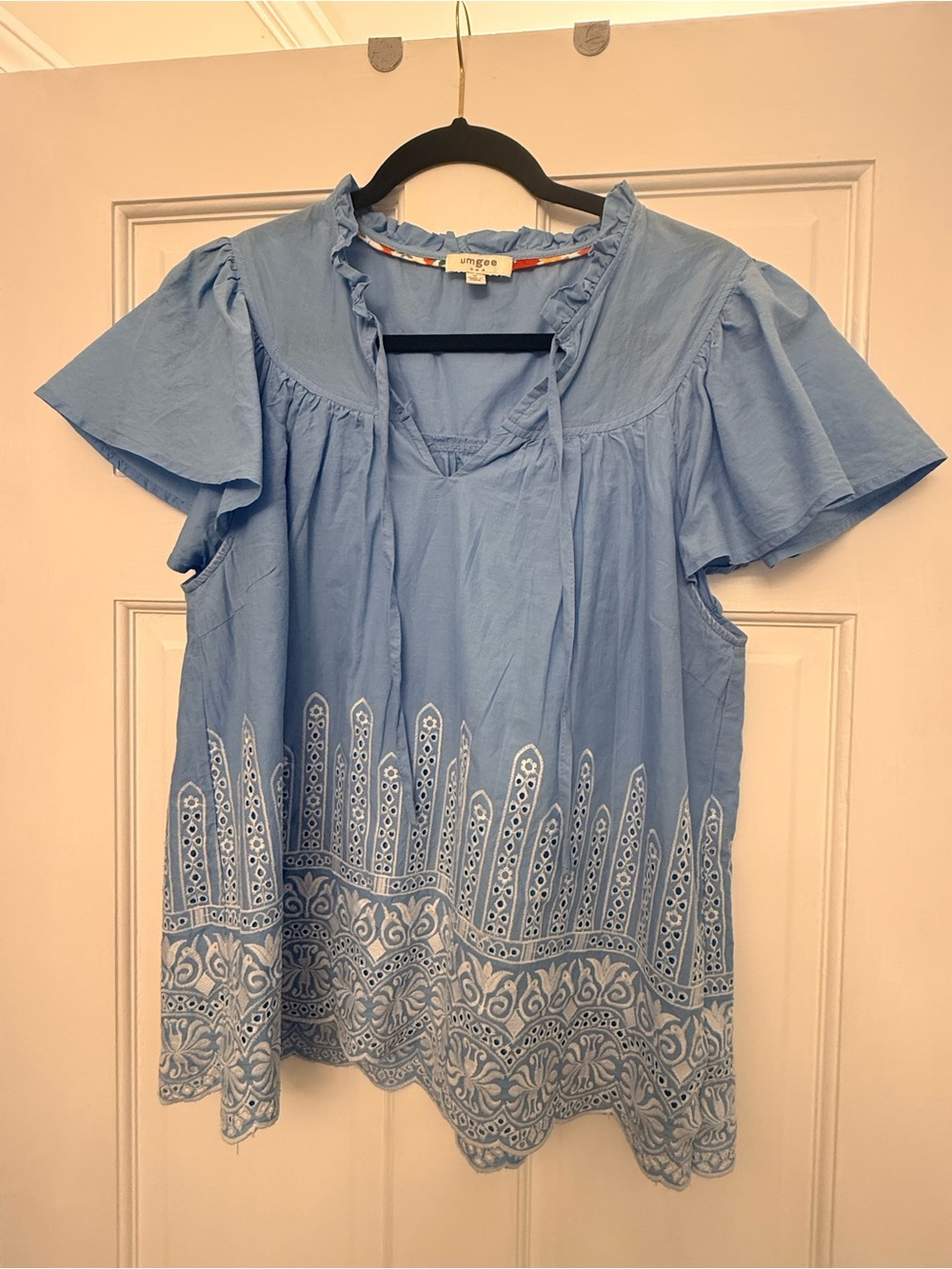 Umgee Light Blue Eyelet Embroidered Flutter Sleeve Tunic
